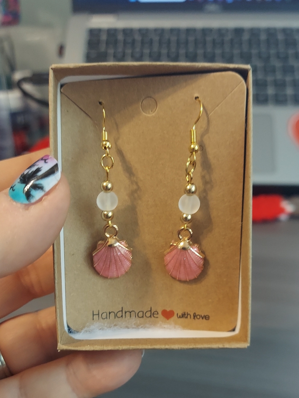 Handmade Pink Shell Drop Earrings with Gold Hooks